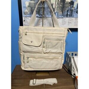 Tote Messenger Bag Shoulder Bag Satchel Canvas White Cream Zipper Compts